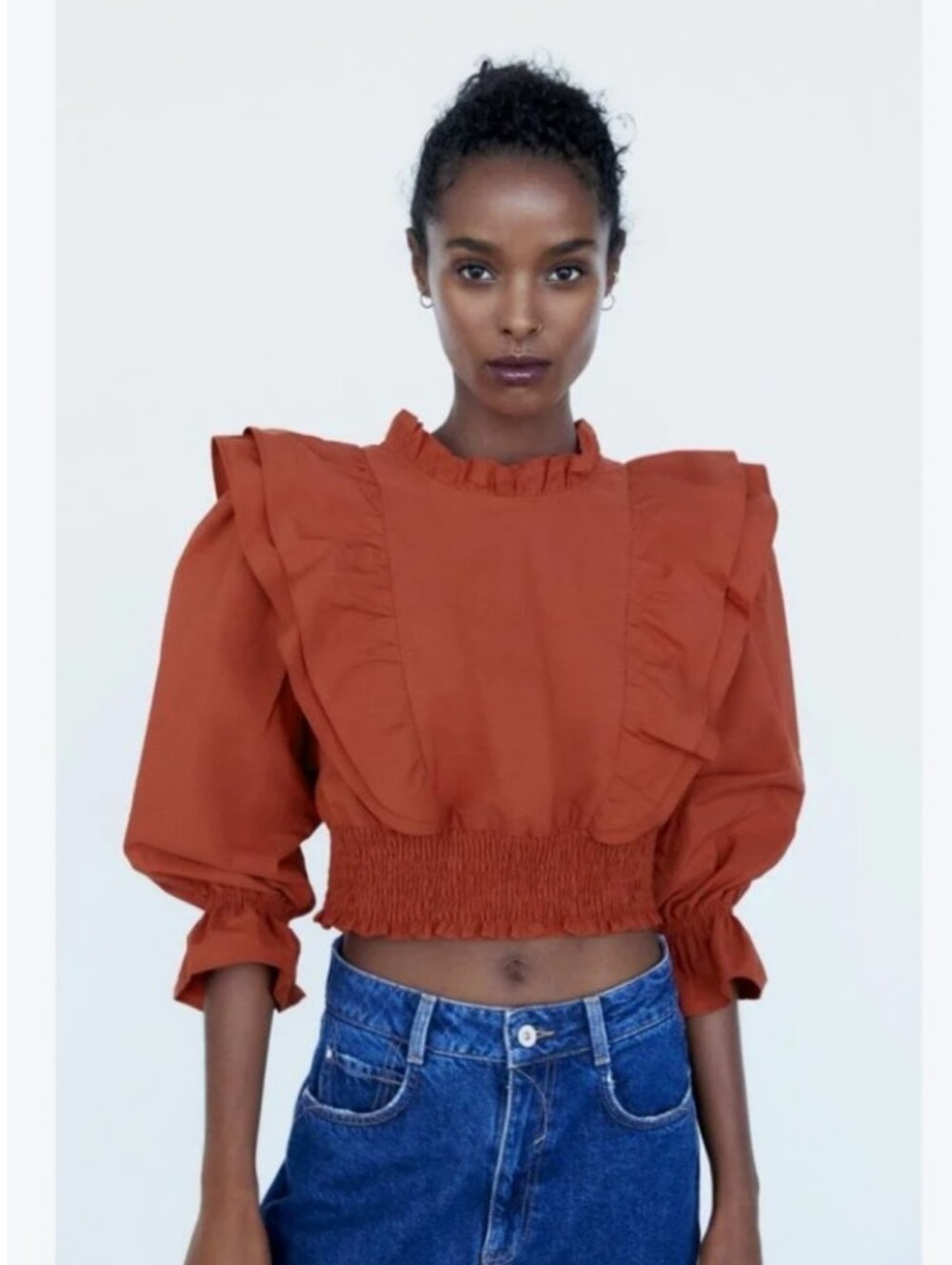 Zara rust red ruffle puff sleeve cropped smocked hem blouse